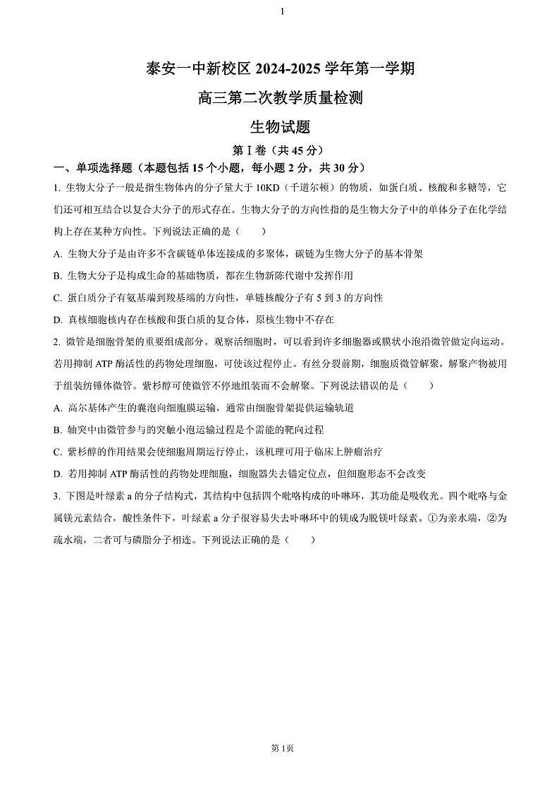 2025届山东省泰安第一中学高三(上)11月月考生物试卷(含答案)第1页