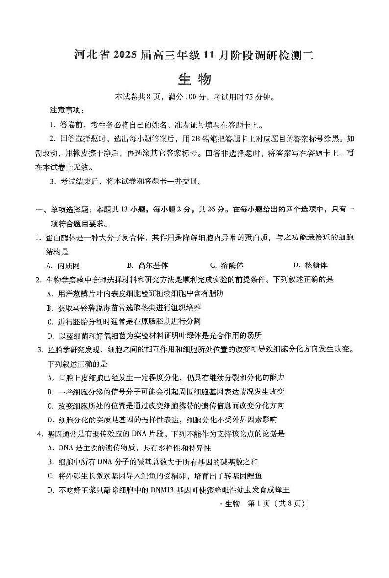 河北省部分学校2024-2025学年高三上学期11月阶段调研检测二生物试卷第1页