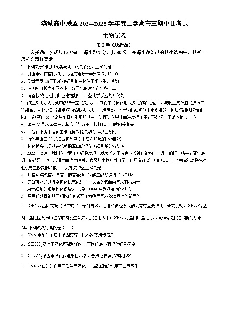 辽宁省大连市滨城高中联盟2024-2025学年高三上学期中考试生物试卷第1页