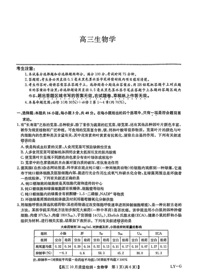 河南省部分学校2024-2025学年高三上学期11月联考生物试题第1页
