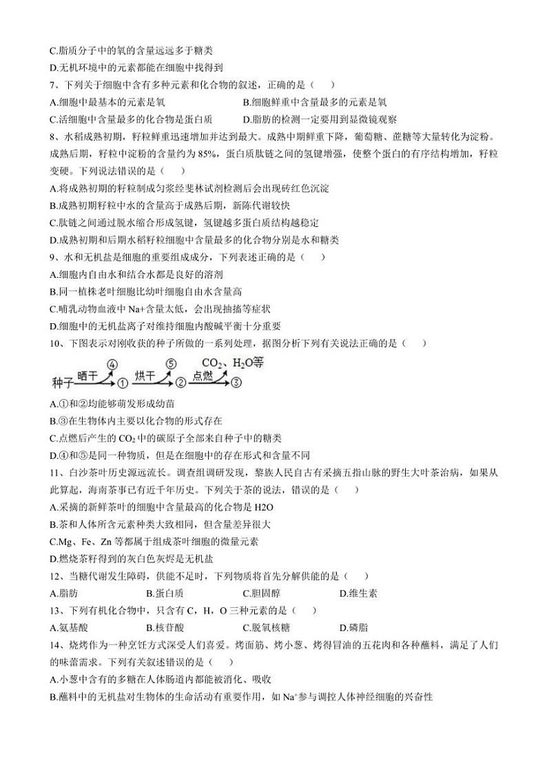 黑龙江省大庆市石油高级中学2024~2025学年高一(上)期中生物试卷(含答案)第2页