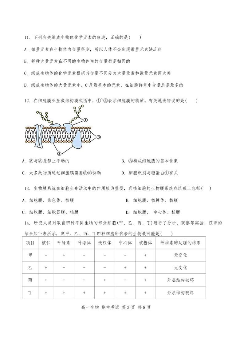 2024年天津市第十四中学高一上期中生物试卷(含答案)第3页
