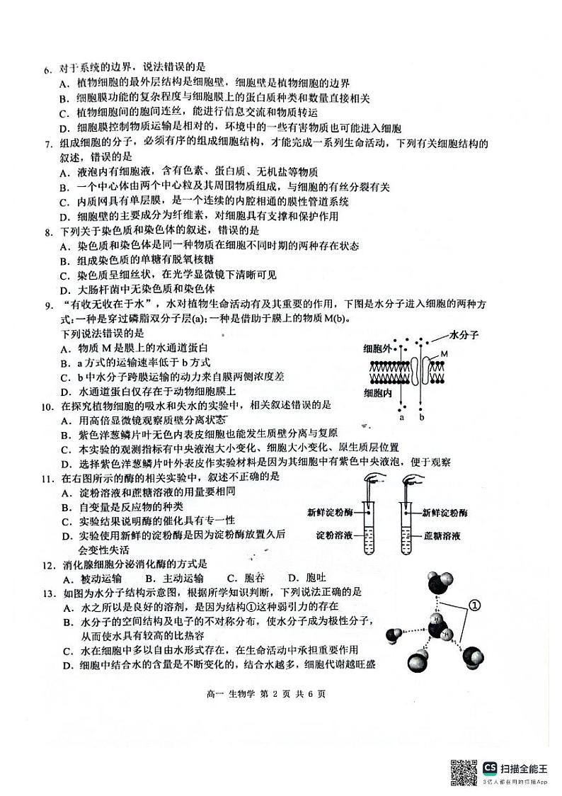 广西河池市2024年秋季学期高一年级校联考生物第2页