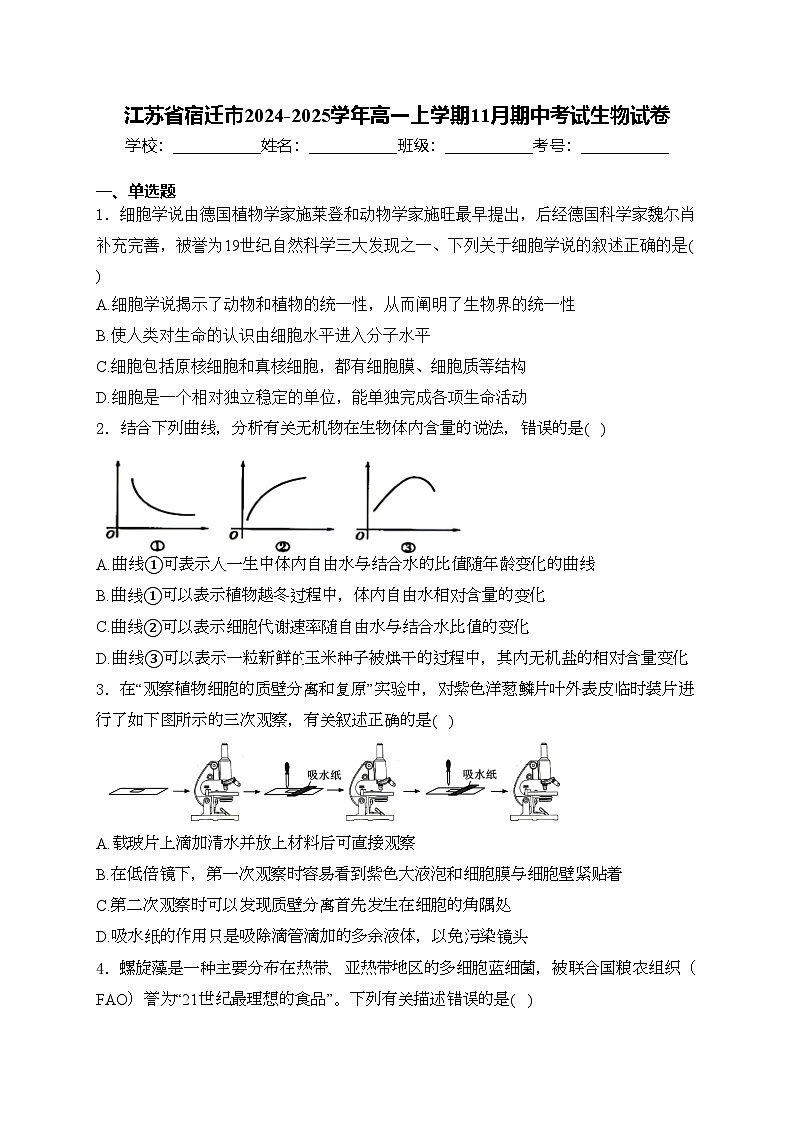 江苏省宿迁市2024-2025学年高一上学期11月期中考试生物试卷(含答案)第1页