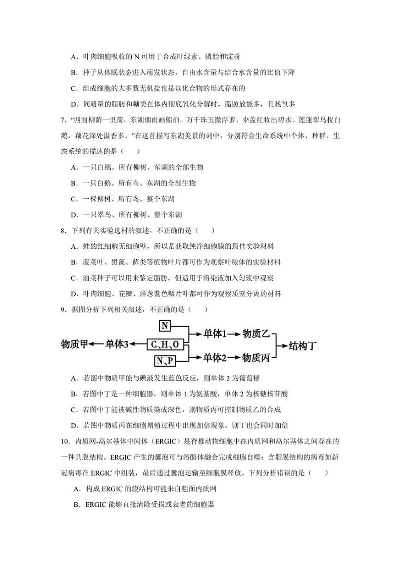 2024~2025学年青海省西宁市湟中区多巴高级中学高一(上)第二次月考生物试卷(无答案)第2页