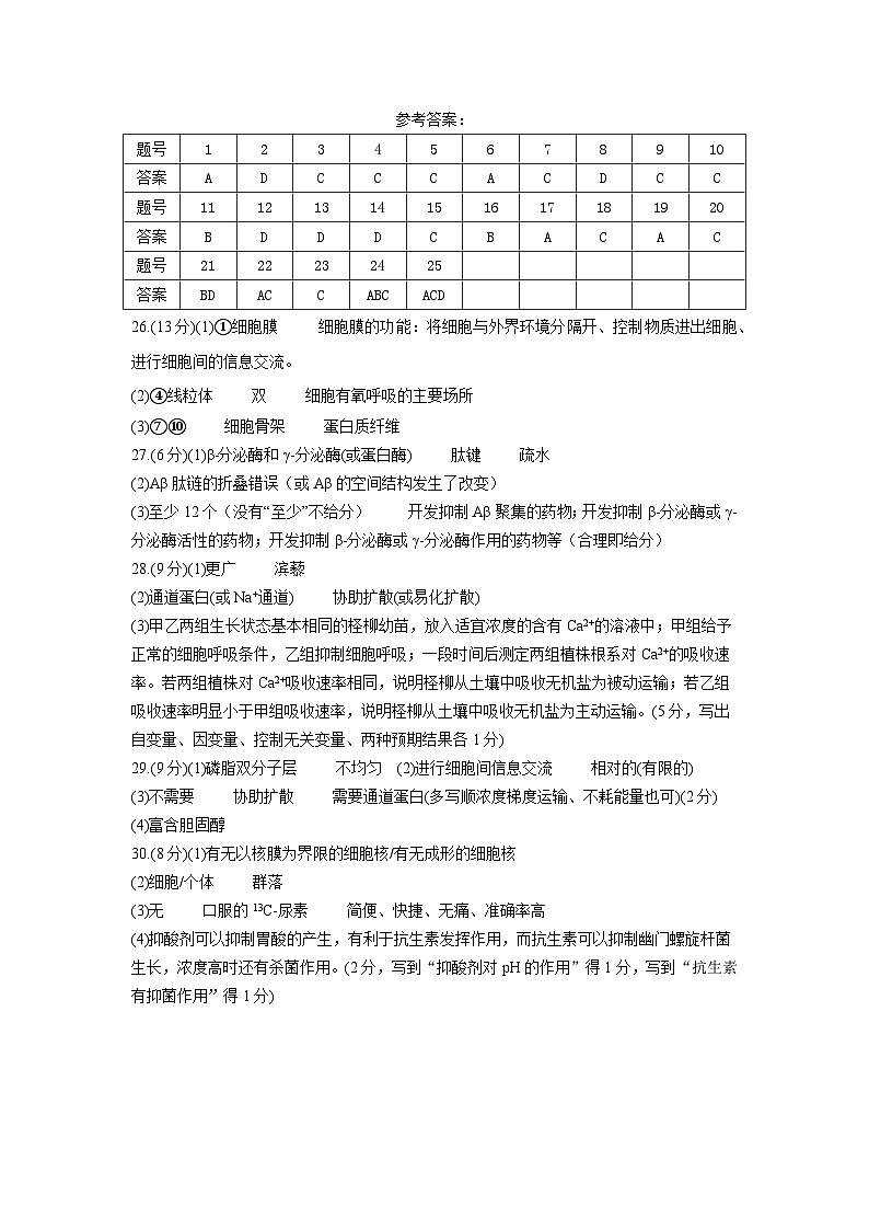 赤峰二中高一年级上学期第二次月考生物高参考答案第1页