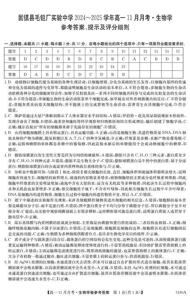 安徽省蚌埠市固镇县毛钽厂实验中学2024-2025学年高一上学期11月月考试生物学试题答案第1页