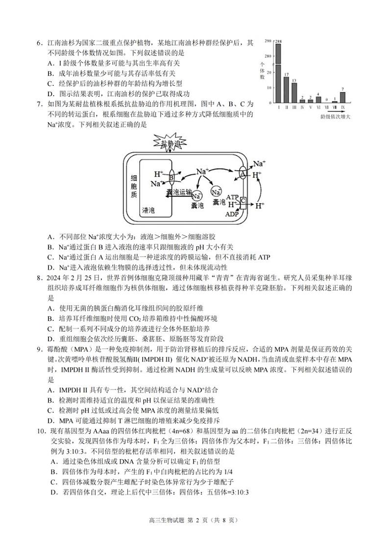 2024学年浙江省县域教研联盟高三年级(上)模拟考试生物试卷(含答案)第2页