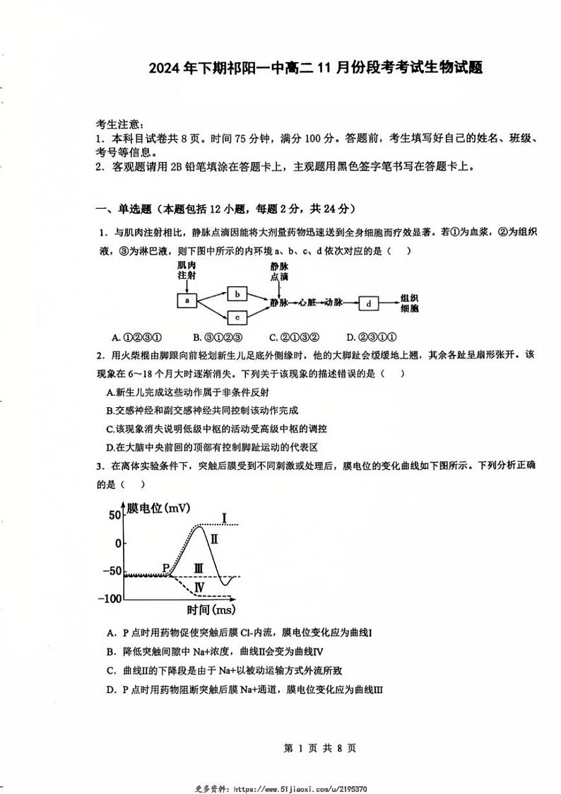 2024~2025学年湖南省永州市祁阳县湖南省祁阳市第一中学高二(上)11月份考试生物试卷(无答案)第1页