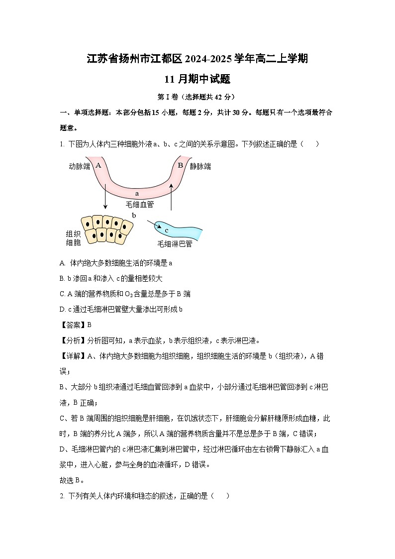 2024-2025学年江苏省扬州市江都区高二(上)11月期中生物试卷(解析版)第1页