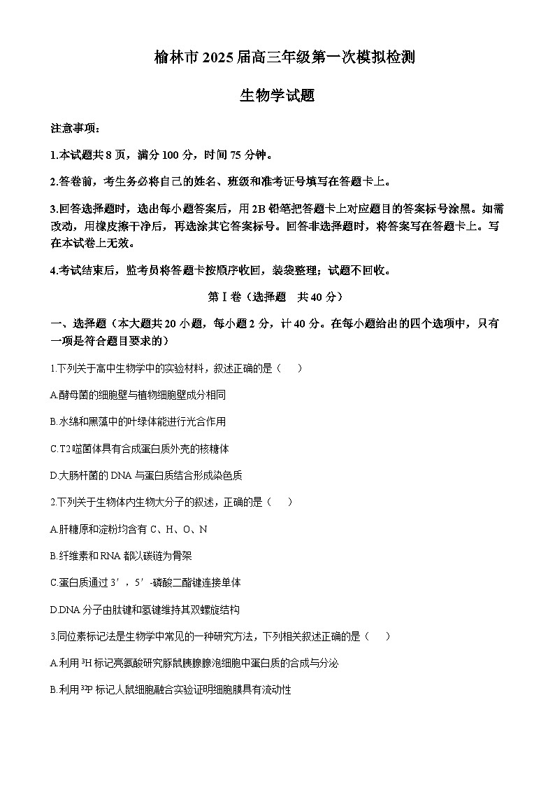 陕西省榆林市2024-2025学年高三上学期11月第一次模拟检测生物含答案第1页
