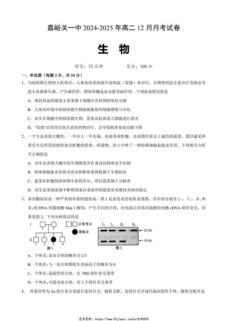 2024~2025学年甘肃省嘉峪关市嘉峪关市第一中学高二(上)12月月考生物试卷(含答案)第1页