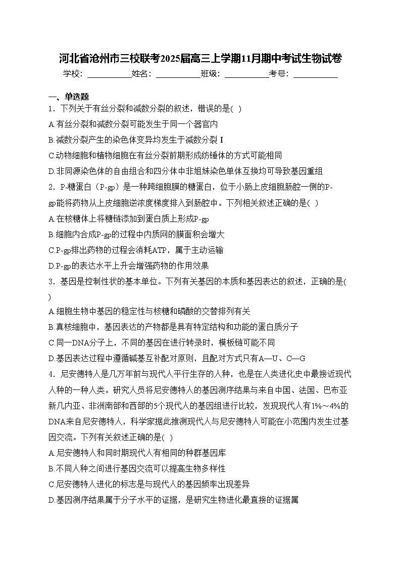 河北省沧州市三校联考2025届高三上学期11月期中考试生物试卷(含答案)第1页