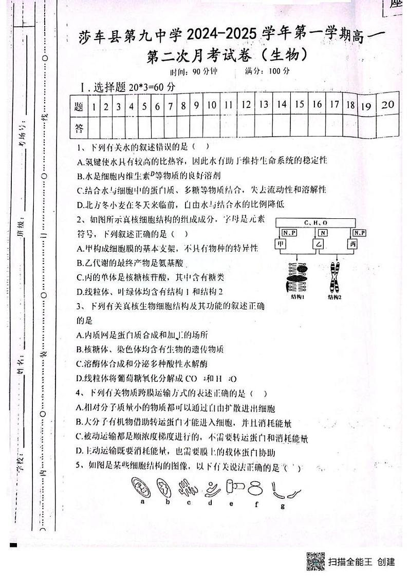 新疆维吾尔自治区喀什地区莎车县第九中学2024-2025学年高一上学期12月月考生物试题第1页