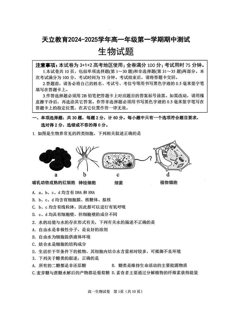 四川省天立学校2024-2025学年高一上学期期中联考生物试题第1页