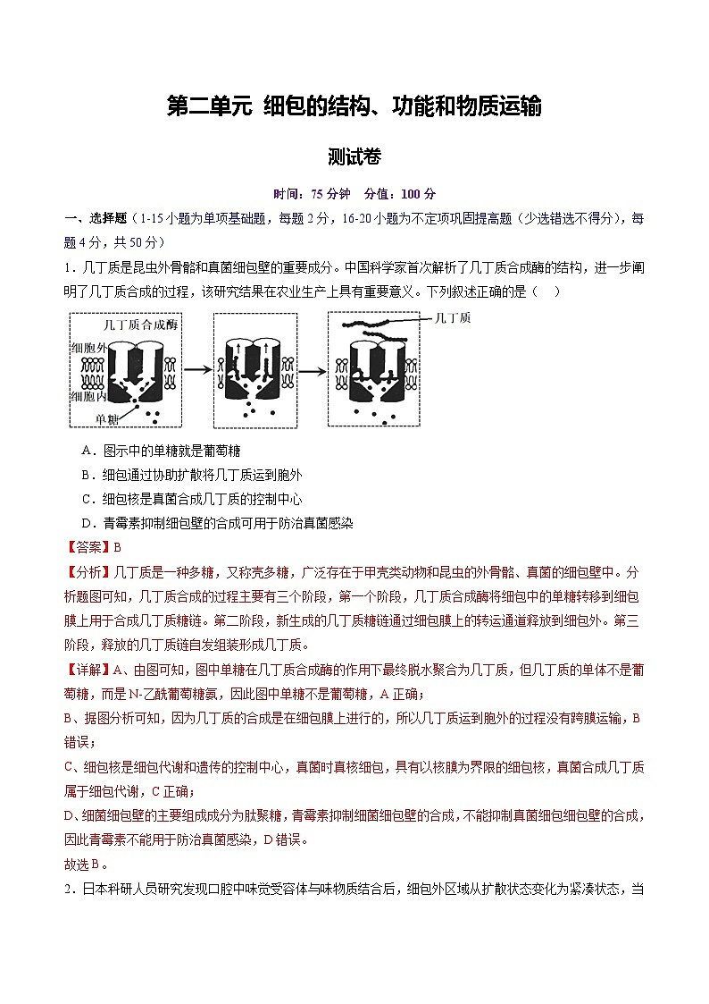 2025年新高考生物一轮复习第2单元细胞的结构、功能和物质运输(测试)(教师版)第1页