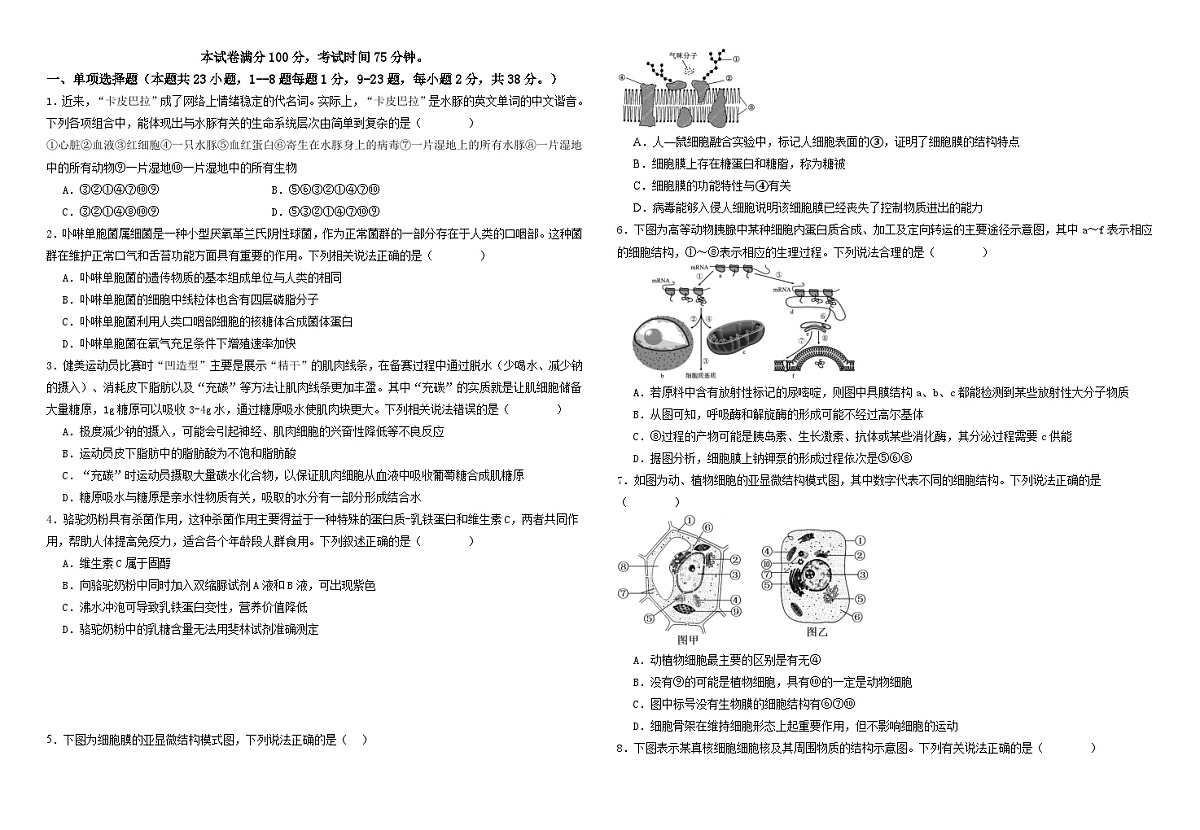 黑龙江省双鸭山第一中学2024-2025学年高一上学期月考生物试卷第1页