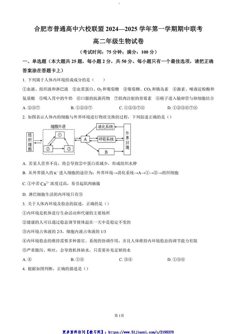 2024~2025学年安徽省合肥市六校联盟高二(上)期中生物试卷(含答案)第1页