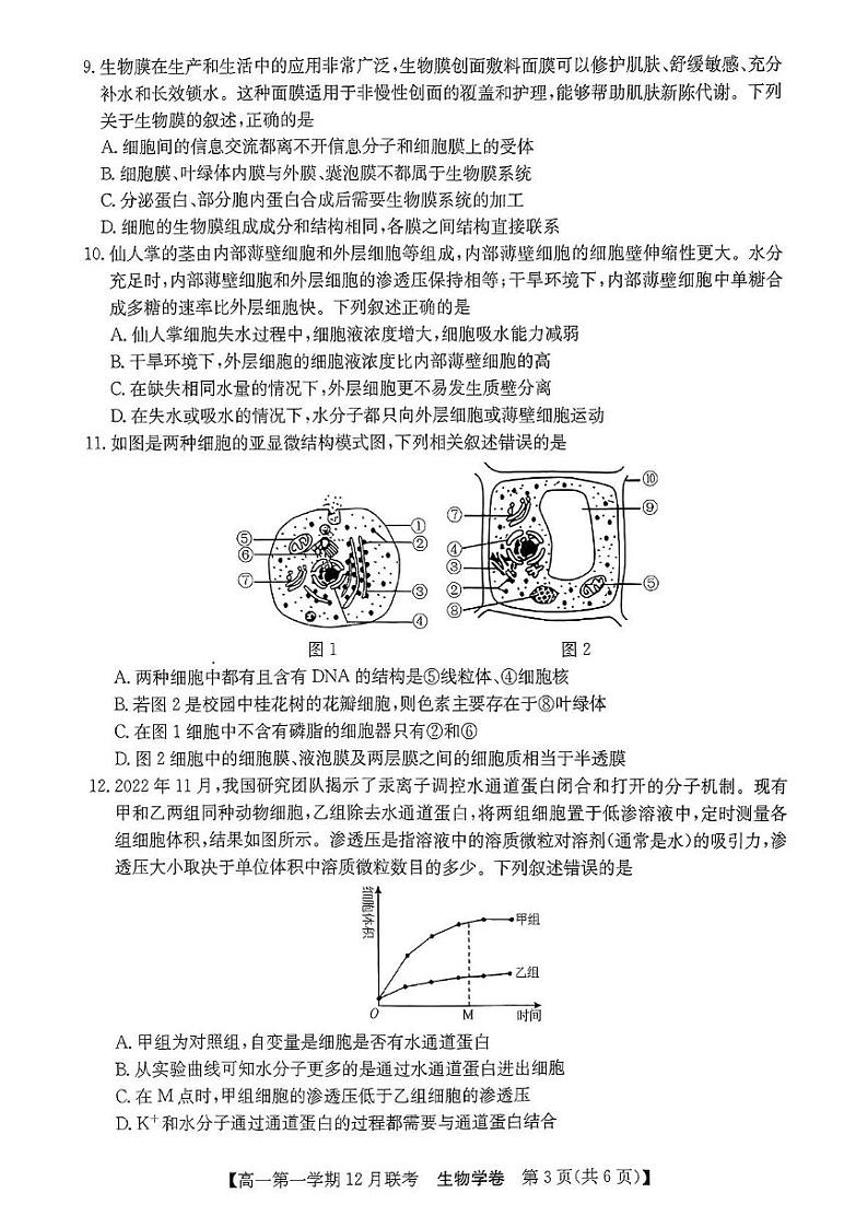 安徽省县中联盟2024-2025学年高一上学期12月联考生物试题 第3页