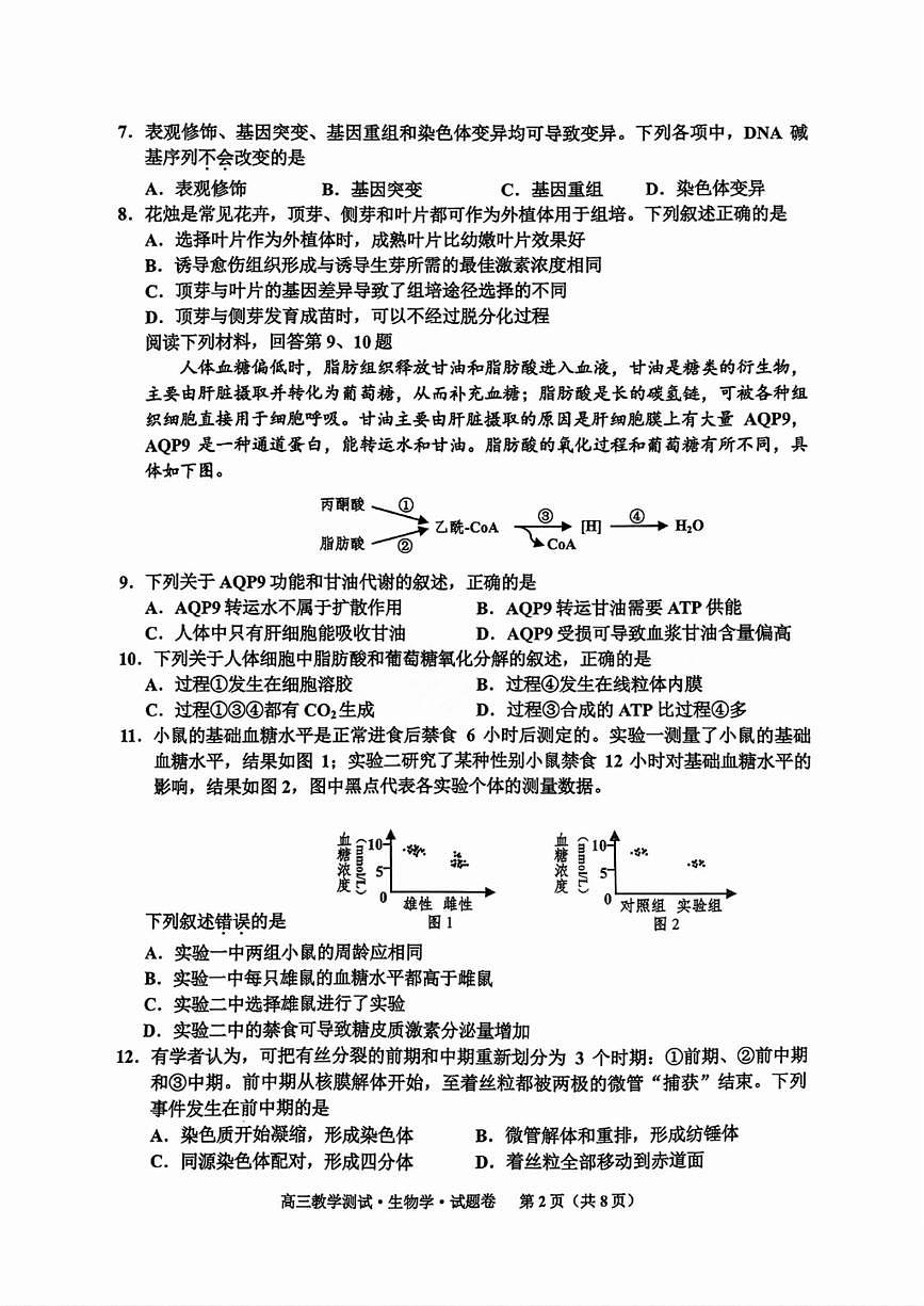 浙江省嘉兴市2025届高三上学期高考第一次模拟考-生物试题+答案第2页