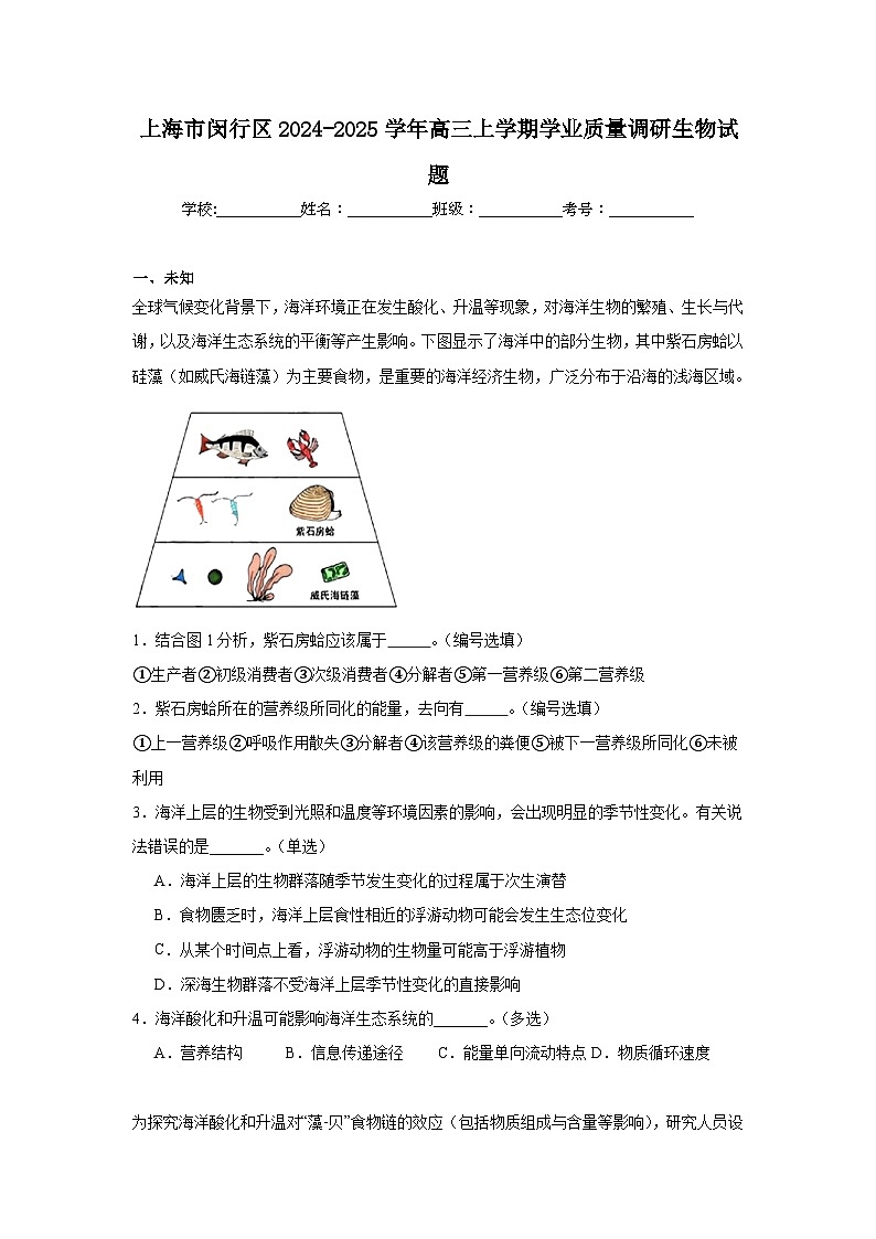 上海市闵行区2024-2025学年高三上学期学业质量调研生物试题第1页