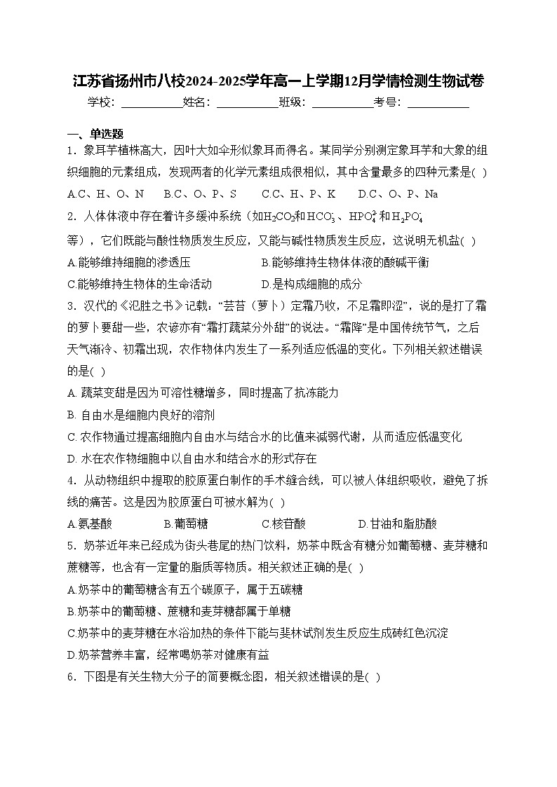 江苏省扬州市八校2024-2025学年高一上学期12月学情检测生物试卷(含答案)第1页