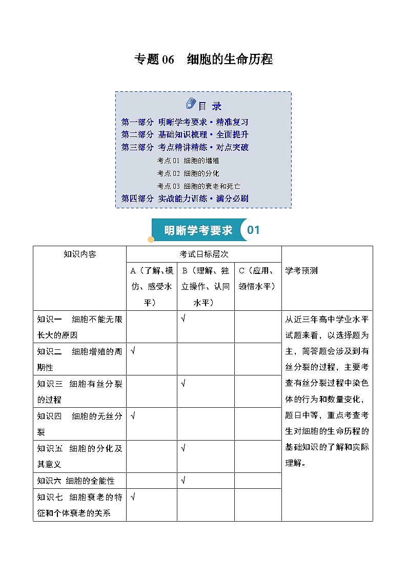 专题06 细胞的生命历程(知识梳理+3大考点精讲精练+实战训练)(原卷版)第1页