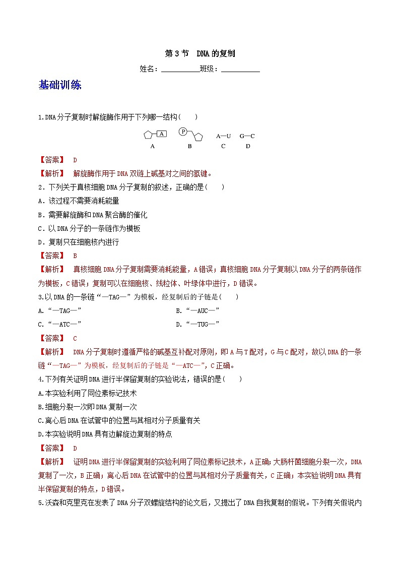 人教版高中生物必修二3.3《DNA的复制》(分层作业)(解析版)第1页
