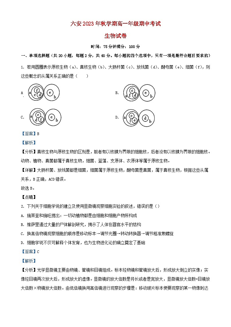 安徽省六安市2023_2024学年高一生物上学期期中试题含解析第1页