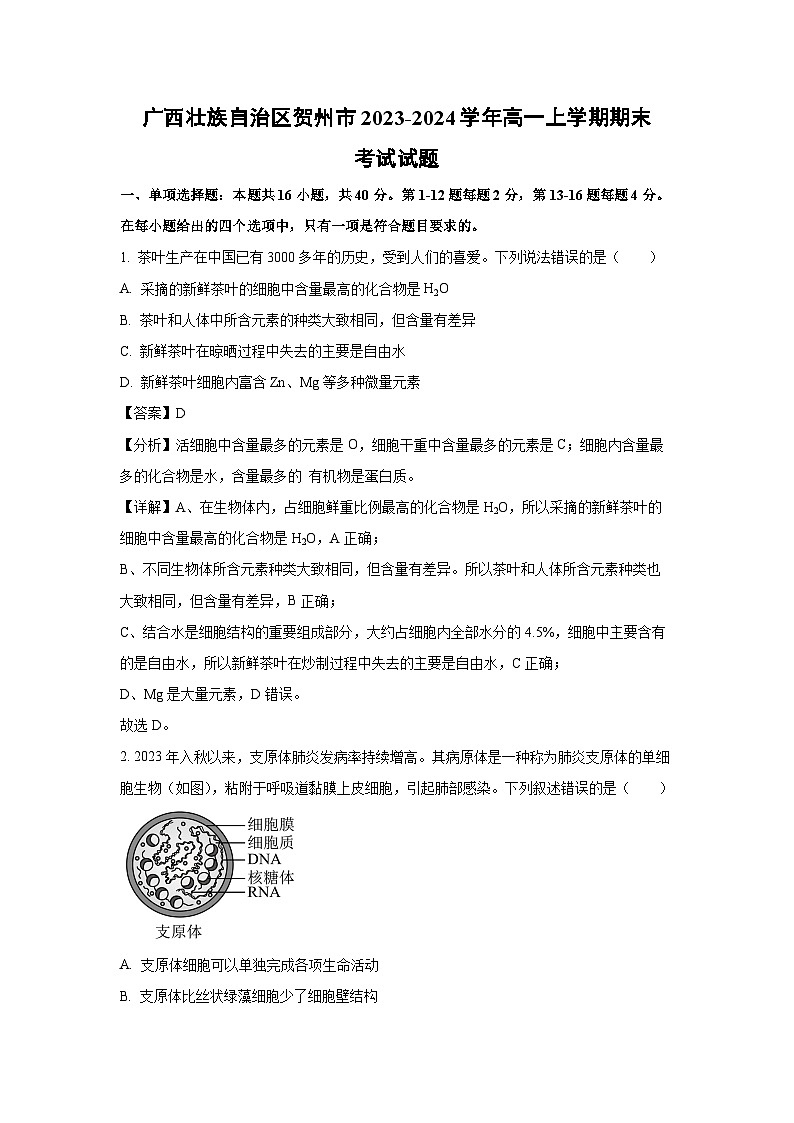 广西壮族自治区贺州市2023-2024学年高一(上)期末生物试卷(解析版)第1页