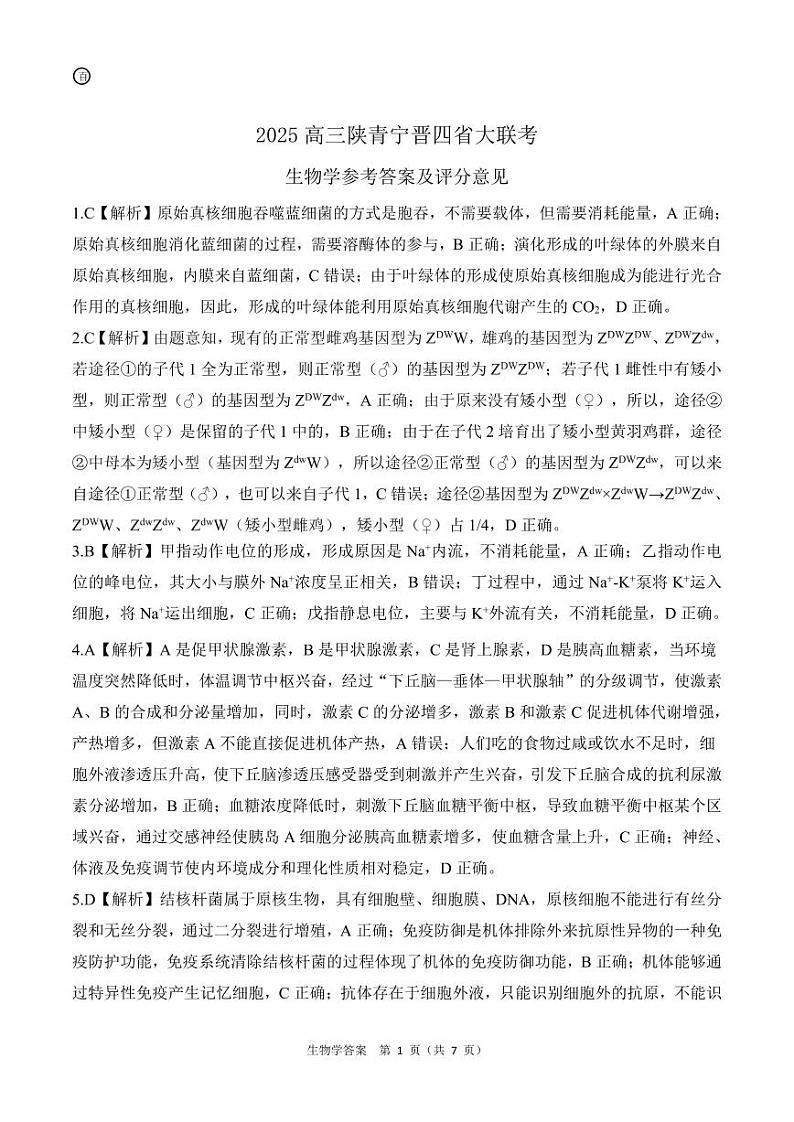 百师联盟2025届高三一轮复习联考(四)生物答案(陕青宁晋)第1页