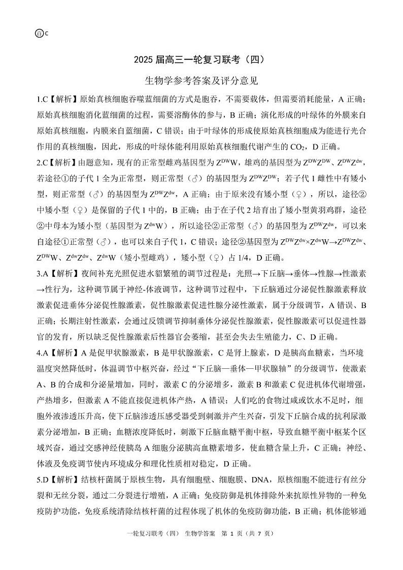 百师联盟2025届高三一轮复习联考(四)生物答案(百C)第1页