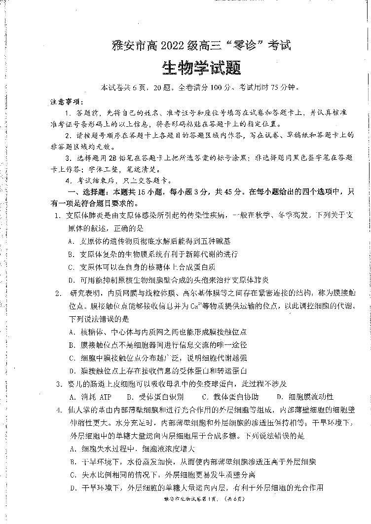 四川省雅安市22024-2025学年高三上学期11月“零诊”考试生物试卷第1页