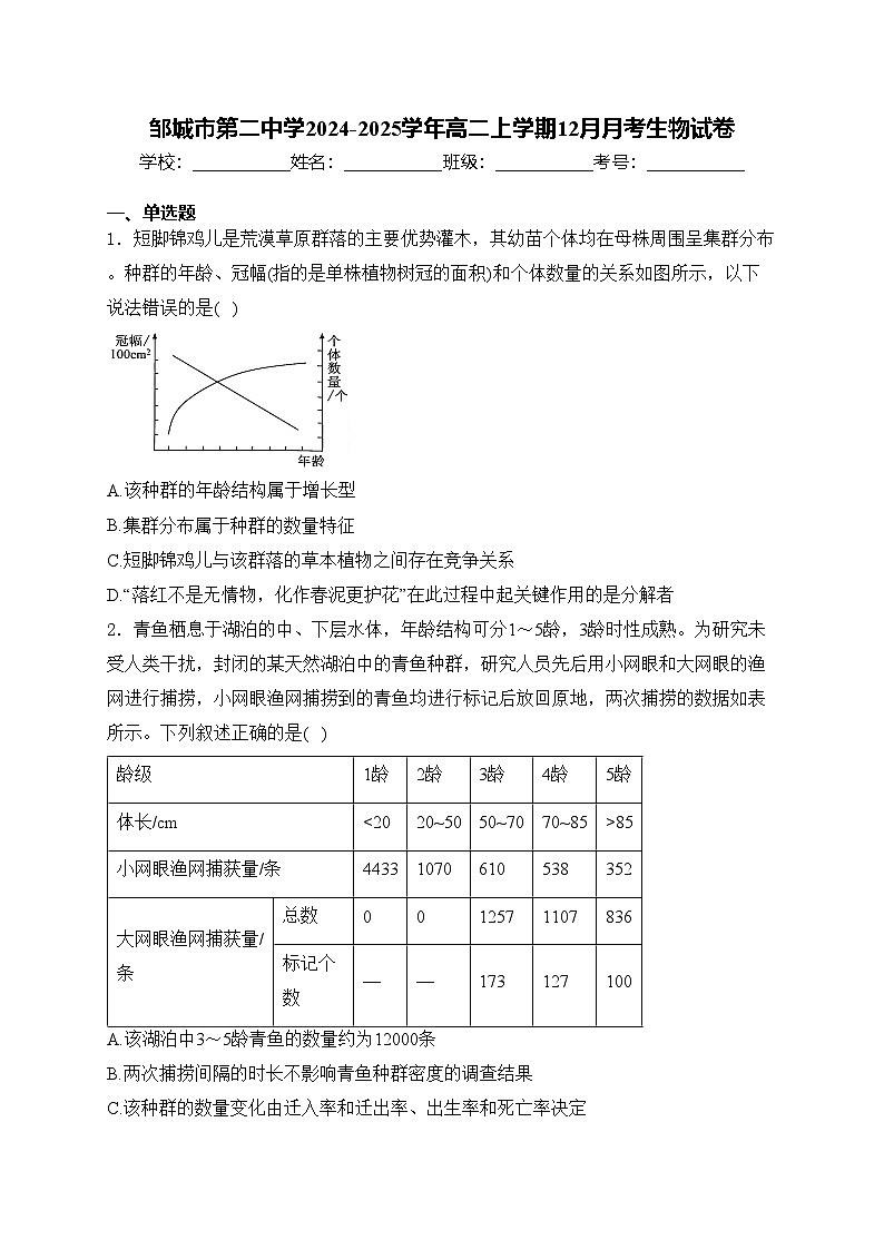 邹城市第二中学2024-2025学年高二上学期12月月考生物试卷(含答案)第1页