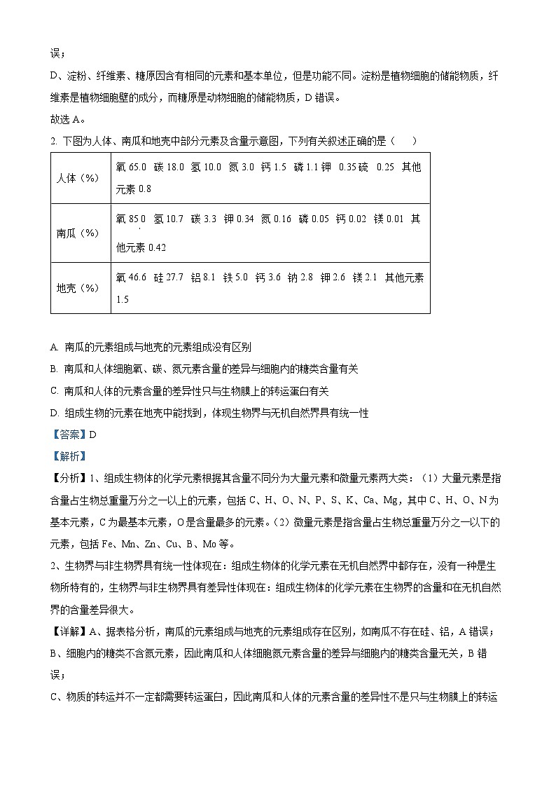 山东省济南市2023-2024学年高一上学期1月期末考试生物试题含解析第2页