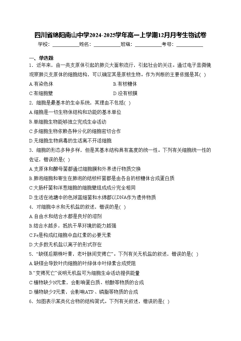 四川省绵阳南山中学2024-2025学年高一上学期12月月考生物试卷(含答案)第1页