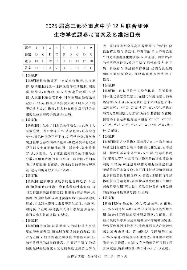 2025-T8高三联考 生物(答案)第1页