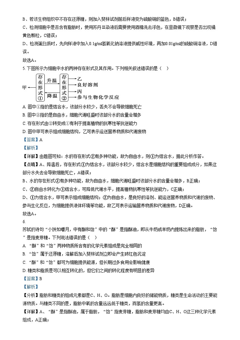 江苏省常州市五校联考2024-2025学年高一上学期12月月考生物试题含解析第3页