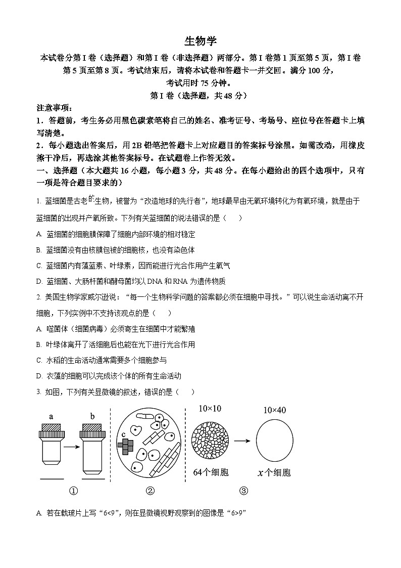 贵州省贵阳市2024-2025学年高一上学期12月月考生物试题无答案第1页