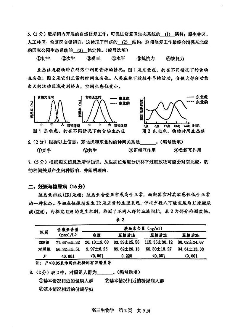 2025届上海市松江区高三一模生物试卷和参考答案第2页
