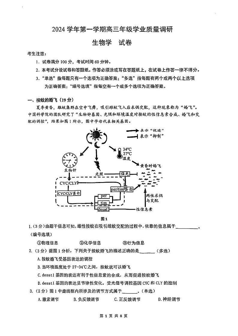 2025届上海市奉贤区高三一模生物试卷第1页