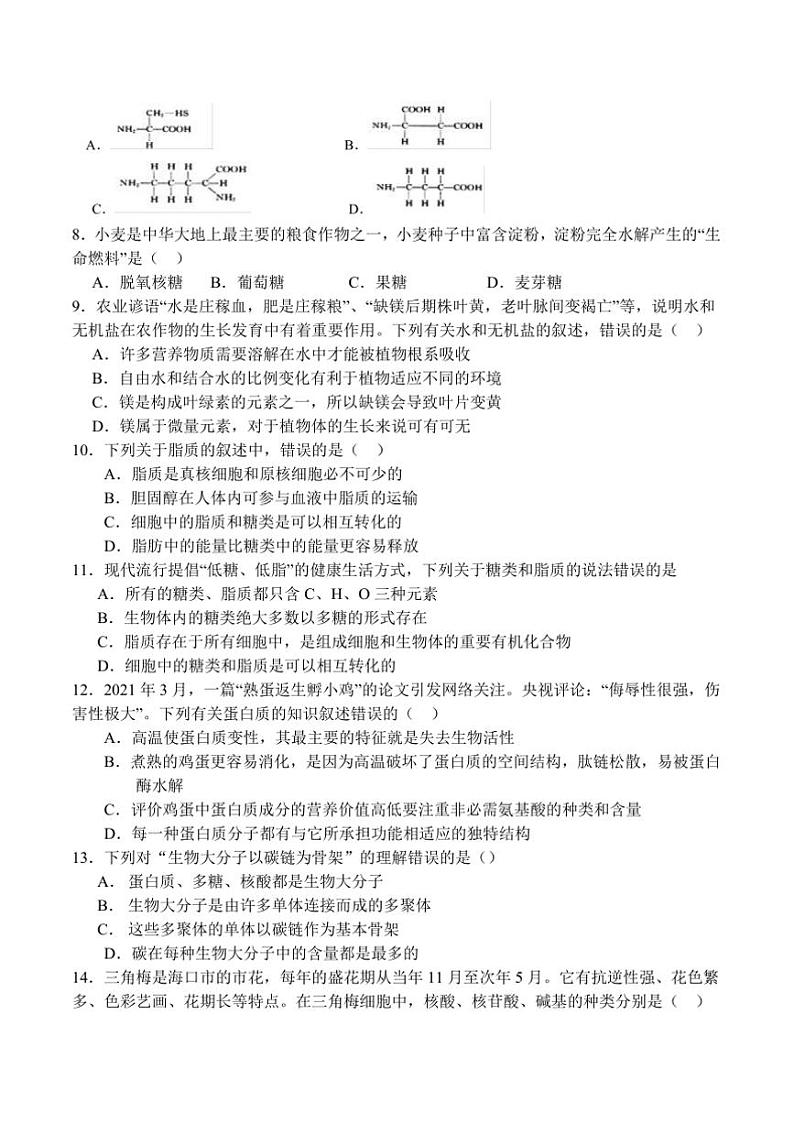 2024~2025学年四川省南充市白塔中学高一上(三)月考(12月)生物试卷(含答案)第2页