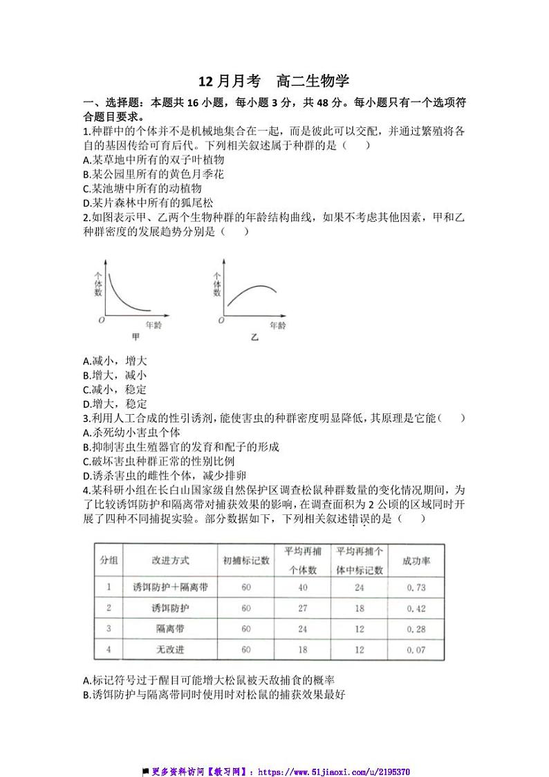 2024~2025学年河北省沧州市六校联考(月考)高二上12月月考生物试卷(含答案)第1页