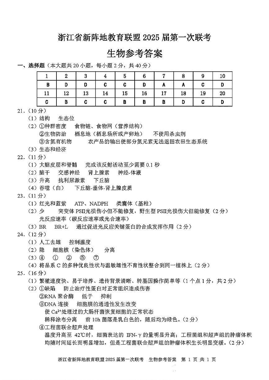 2025屆浙江省新陣地聯(lián)盟高三10月聯(lián)考生物答案第1頁(yè)