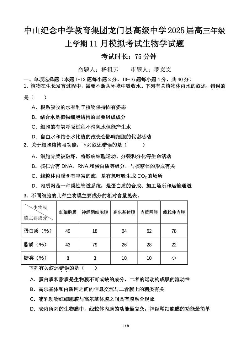 广东省惠州市龙门县中山纪念中学教育集团高级中学2024-2025学年高三上学期11月考试生物试题第1页