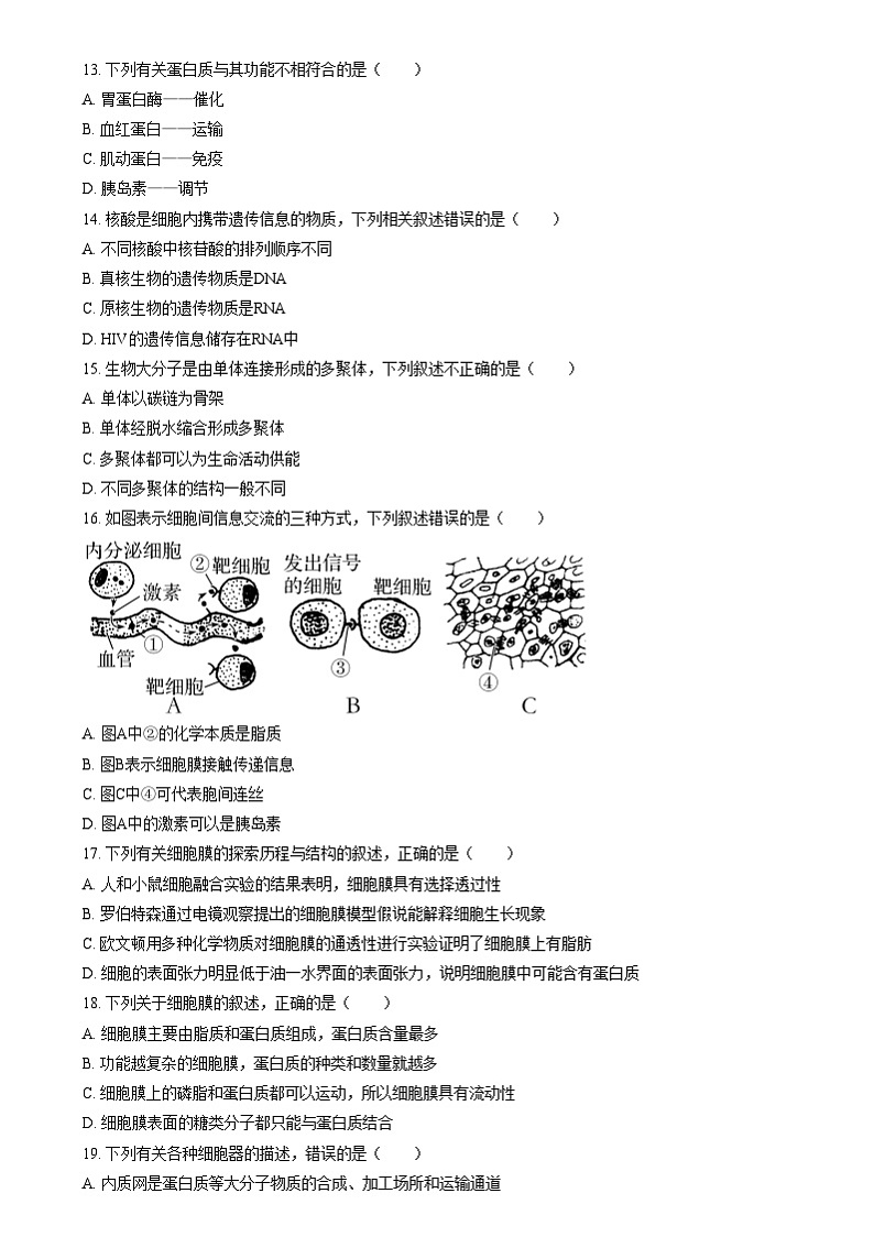 重庆市万州第三中学等多校2024-2025学年高一上学期12月月考生物试题 Word版无答案第3页