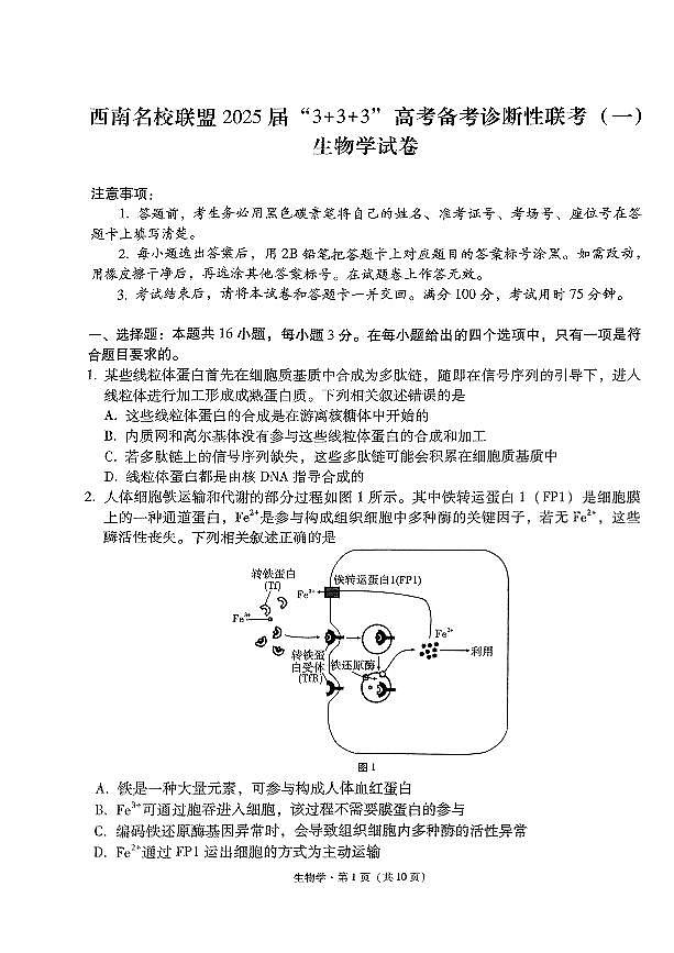 西南名校联盟2025届高三3+3+3高考模拟备考诊断性联考(一)-生物试题+答案第1页