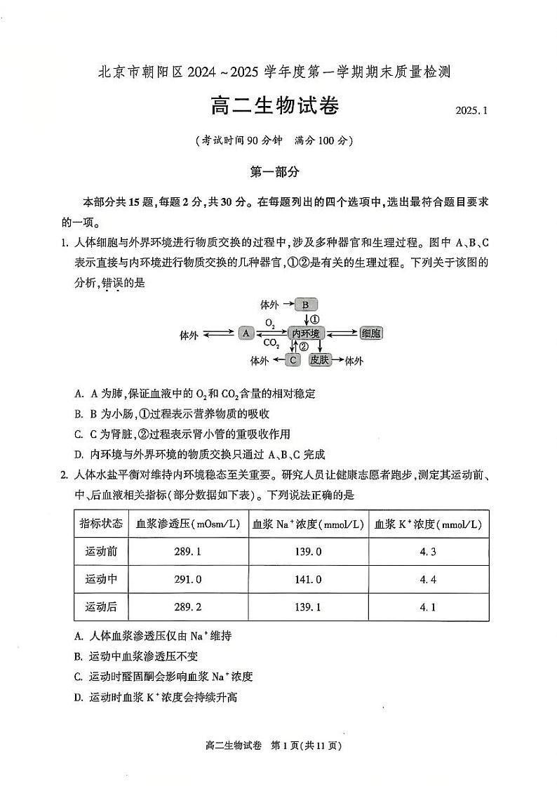 北京市朝阳区2024-2025学年高二上学期1月期末质量检测生物试卷第1页