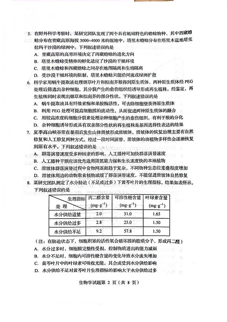2025八省联考1月高三高考综合改革适应性演练测试生物试卷(四川)扫描版无答案第2页