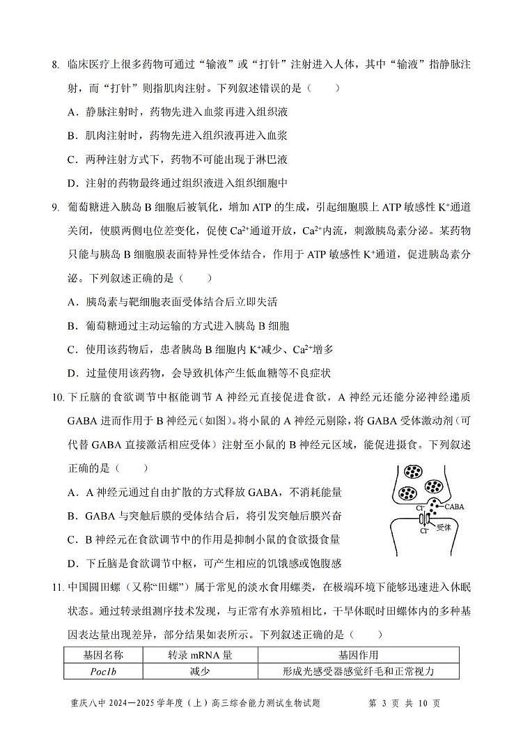 重庆市第八中学2025届高三上学期1月综合能力测试(期末)生物试卷(PDF版附答案)第3页